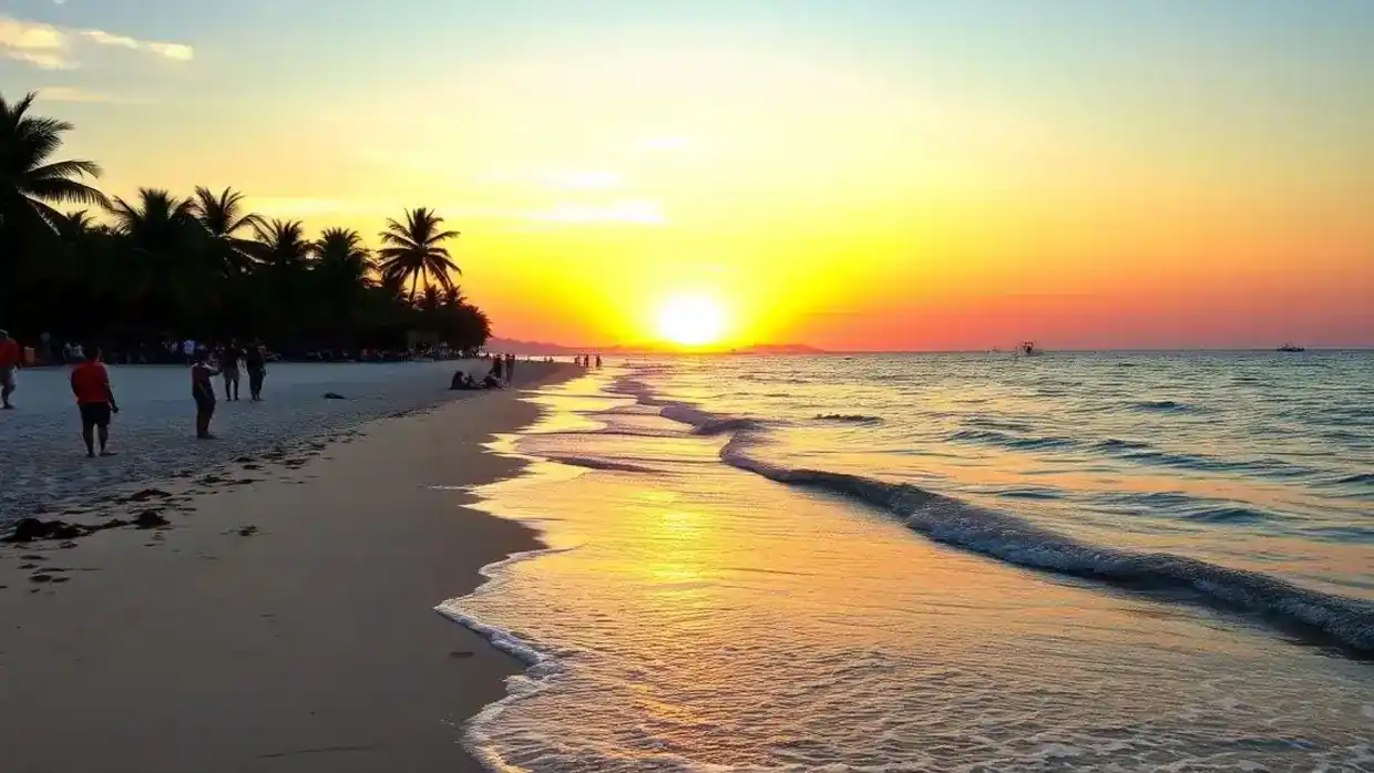 Sunset over Kuta Beach with golden sands and colorful sky